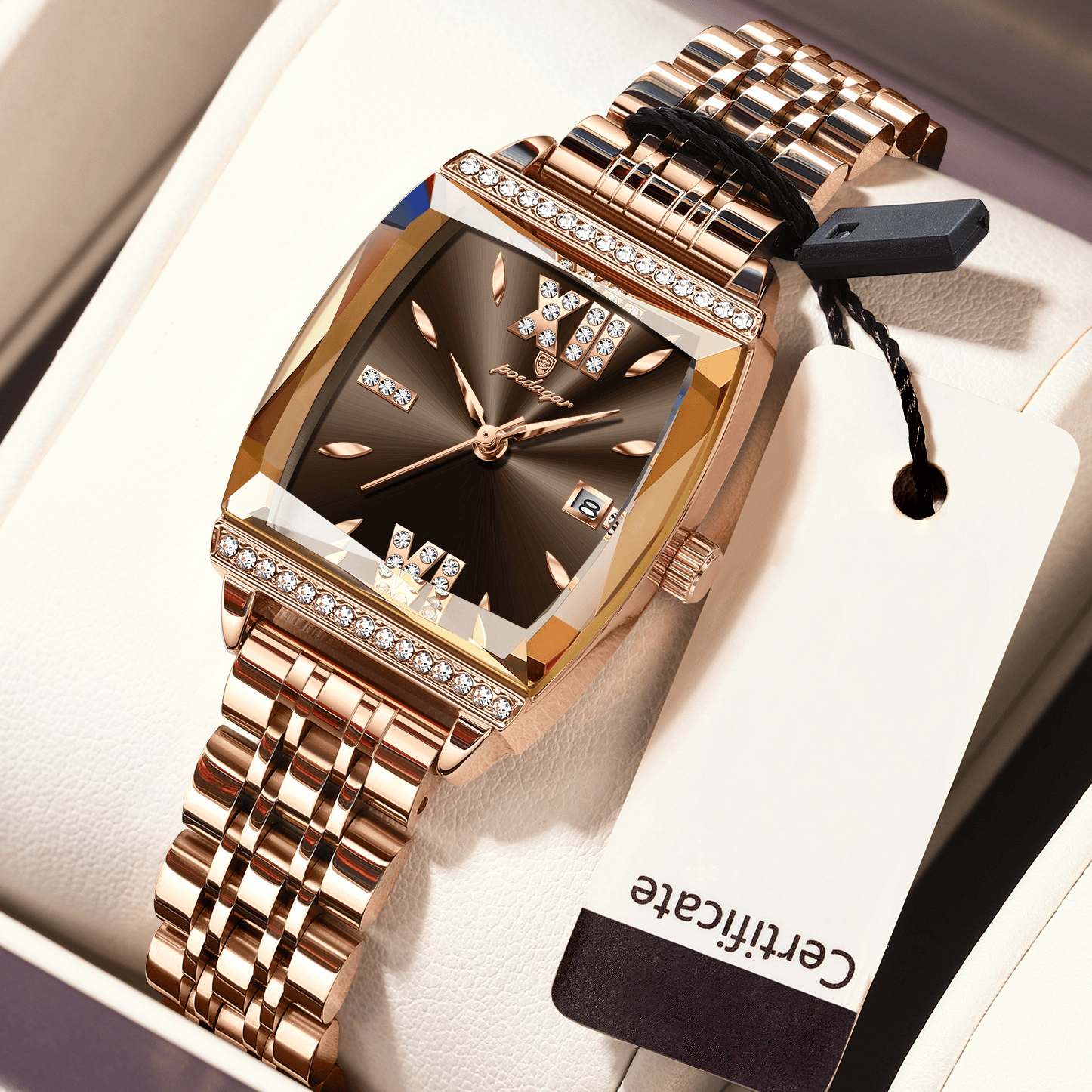 Diamond-set square ladies' water-resistant watch