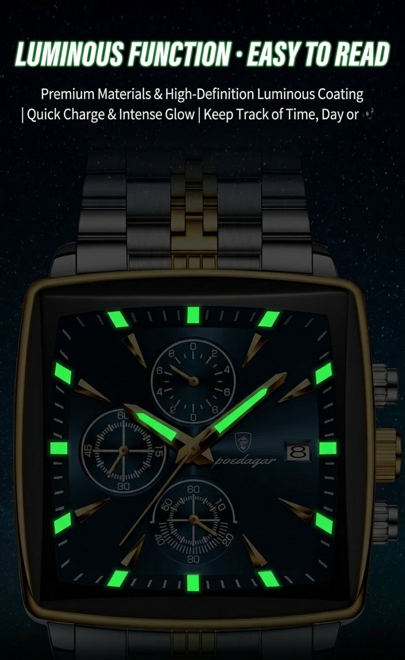 Men's Multifunctional Square Business Steel Band Quartz Watch