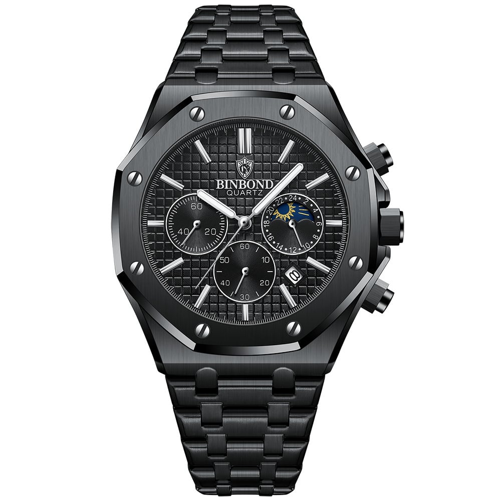 Three-Dial, Six-Hand Multifunction Moon Phase Men's Steel-Strap Watch