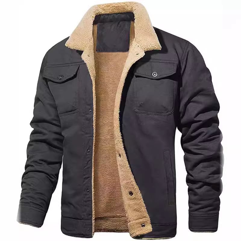 Winter Sherpa Lined Jacket ❄️ Men's Warm Trucker Coat with Multi Pockets, Casual Collared Cotton Fleece Outerwear