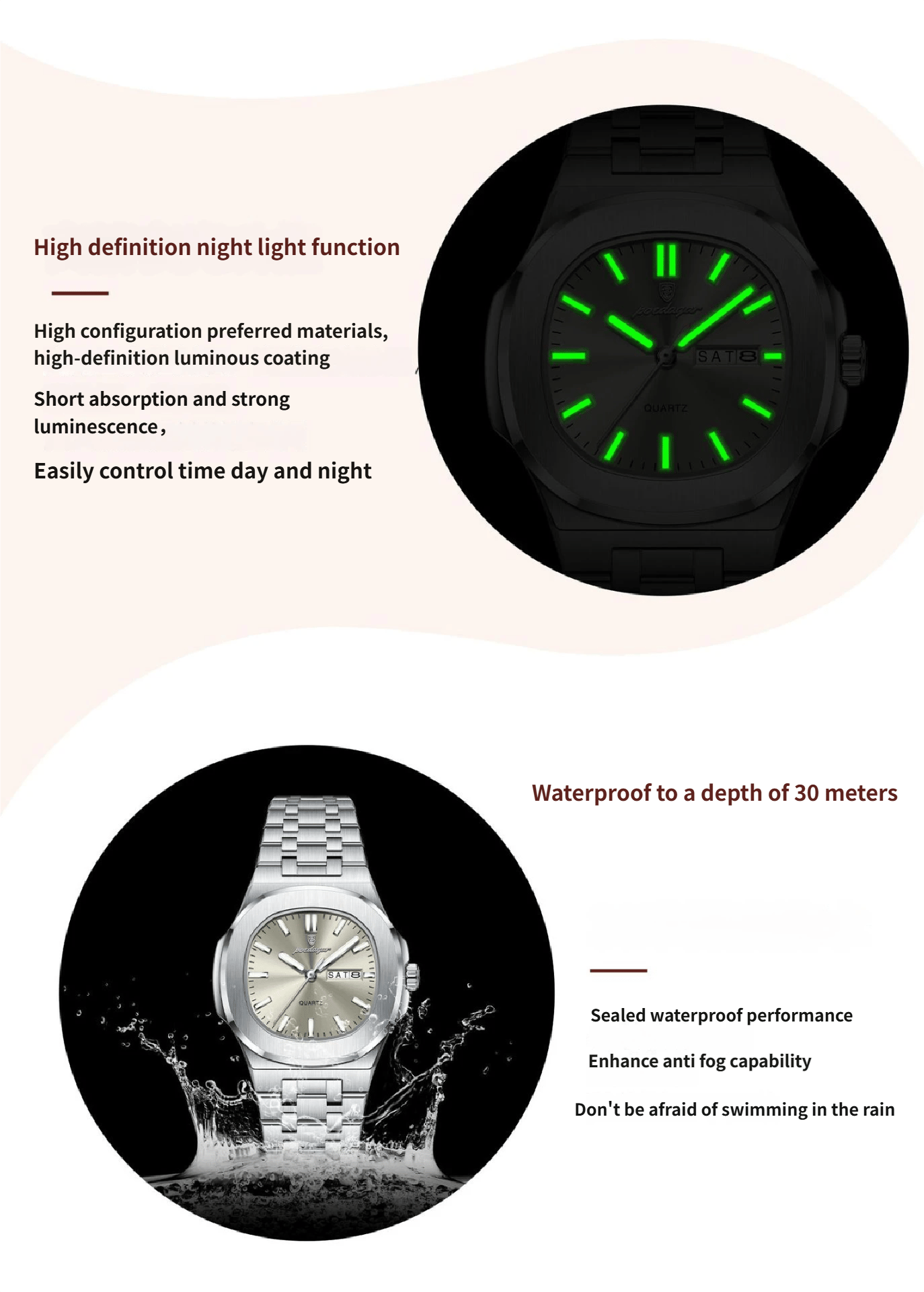 Square Quartz Watch with Water Resistance and Luminous Feature