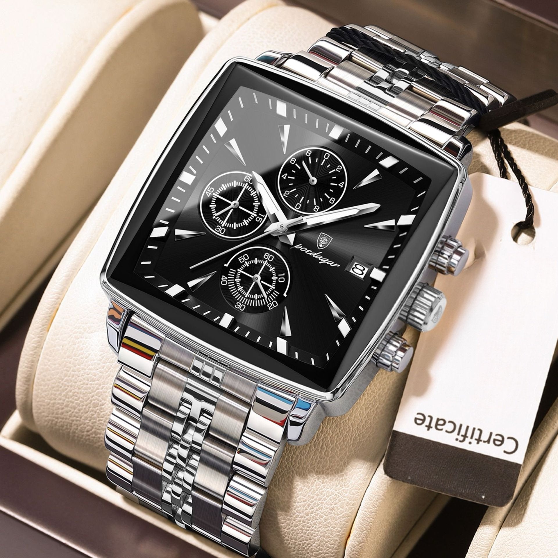 Men's Multifunctional Square Business Steel Band Quartz Watch