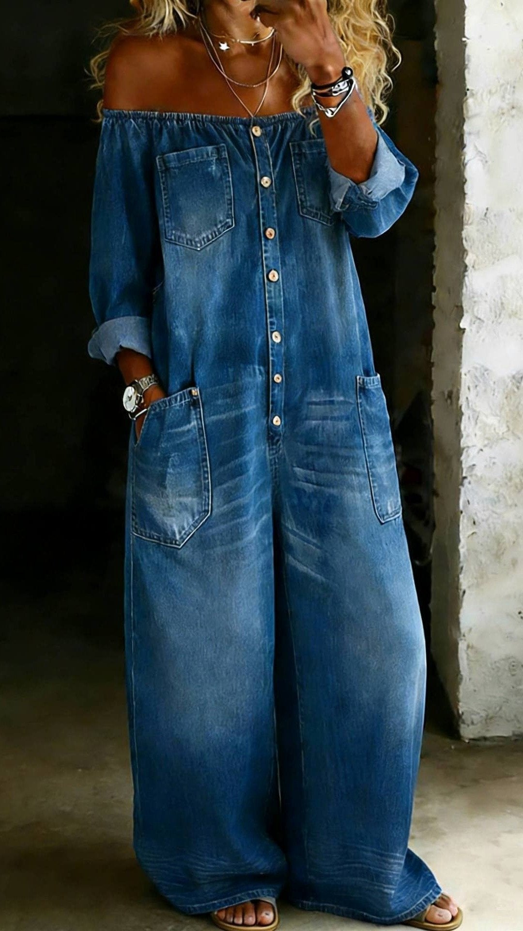 🤠 THE OFF-SHOULDER DENIM JUMPSUIT: VINTAGE WASH, RELAXED FIT, POCKETS FOR DAYS — YOUR NEW ONE-AND-DONE OUTFIT 🤠