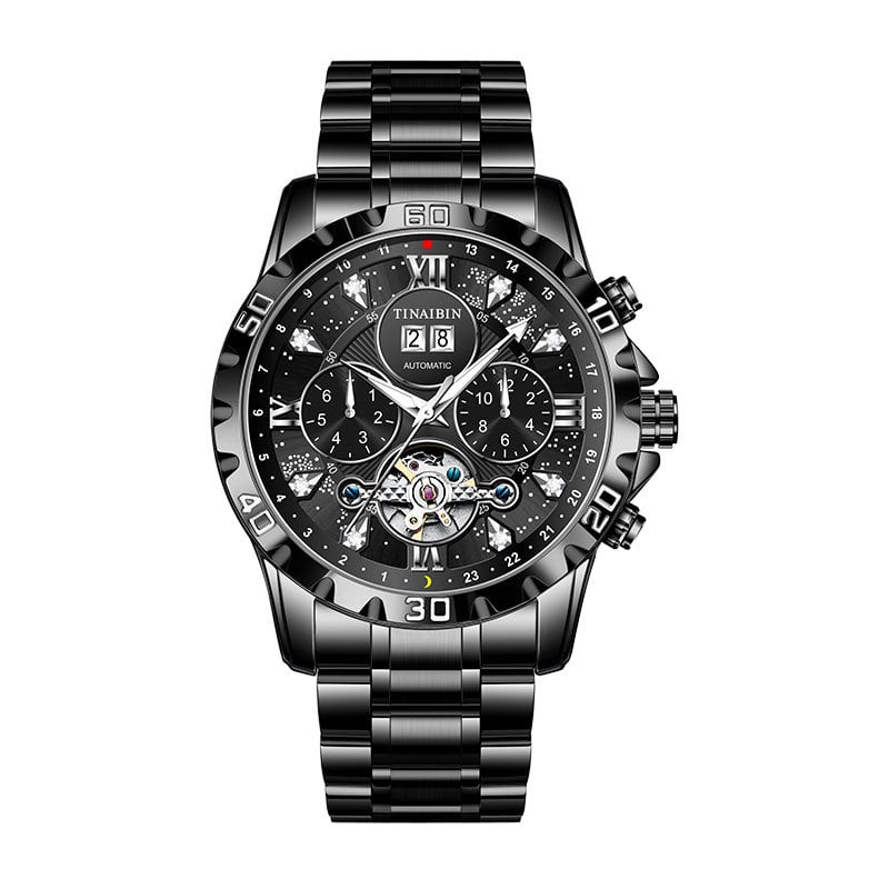 Luxury diamond-encrusted men's mechanical watch with Swiss-made movement, dual calendar, luminous and waterproof.