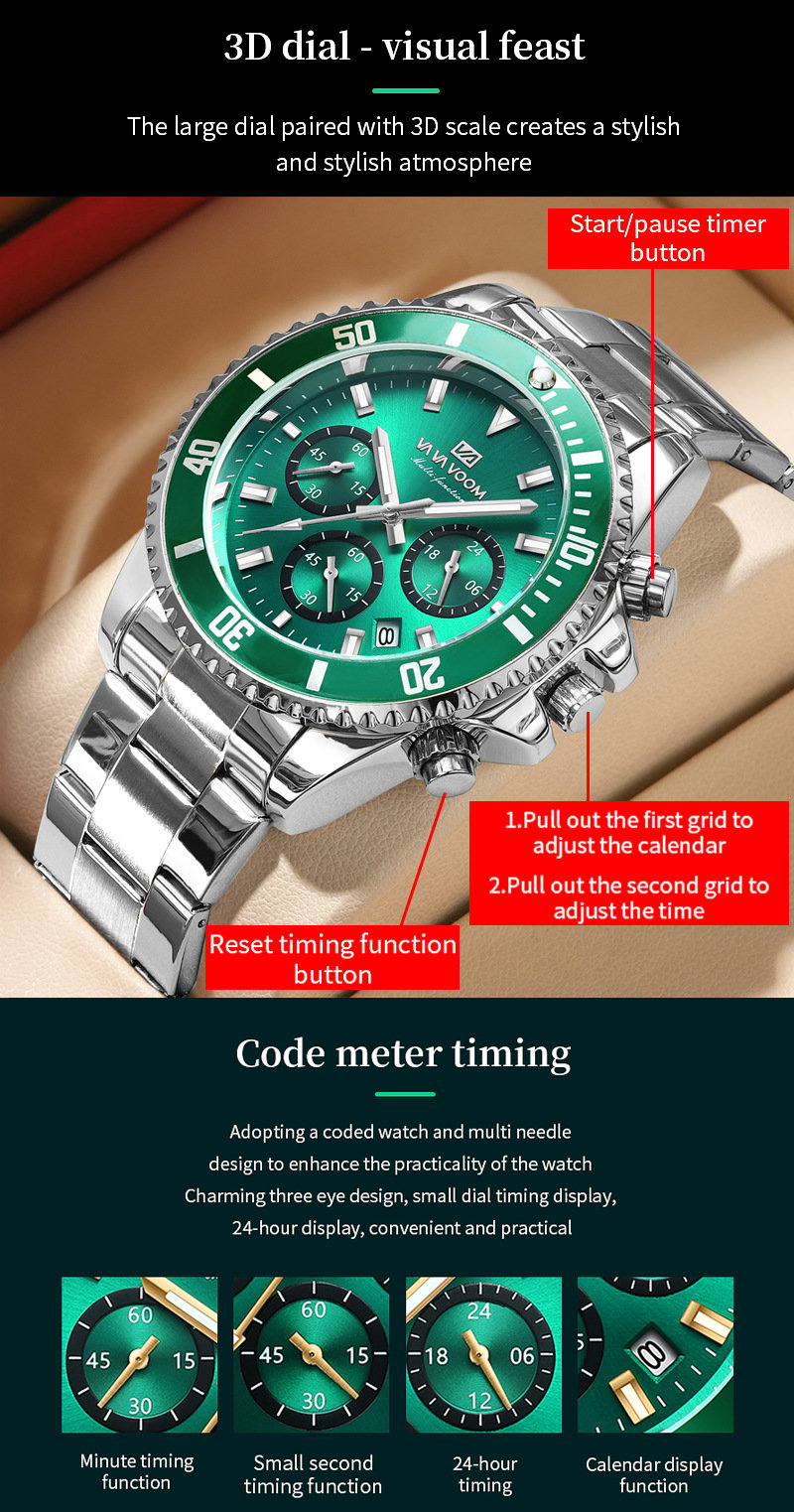 Men's luxury watch with waterproof and luminous dial