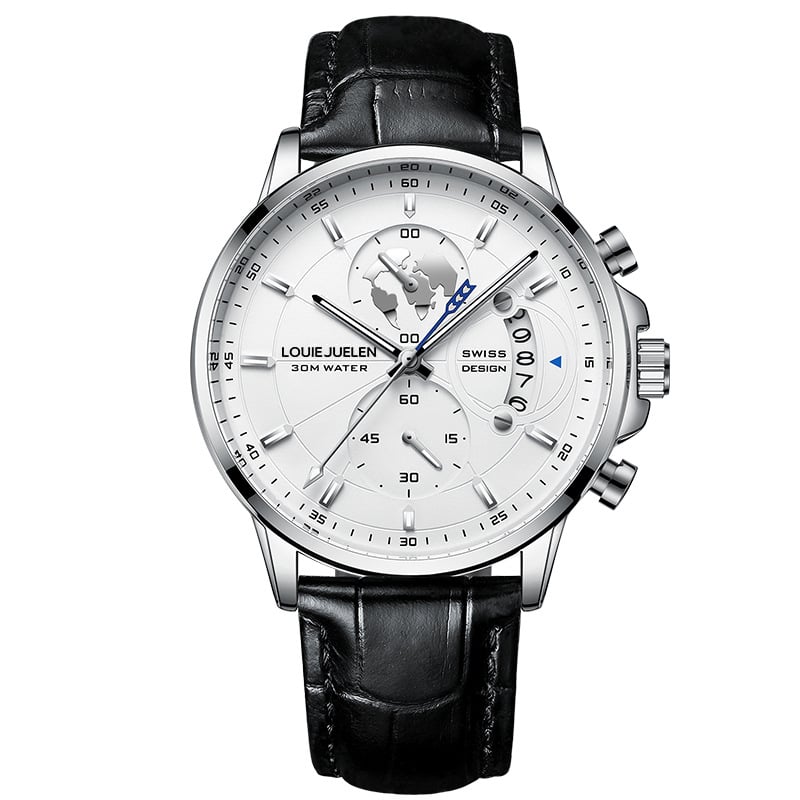 Elegant men's watch with globe design, 30m water resistant and luminous dial