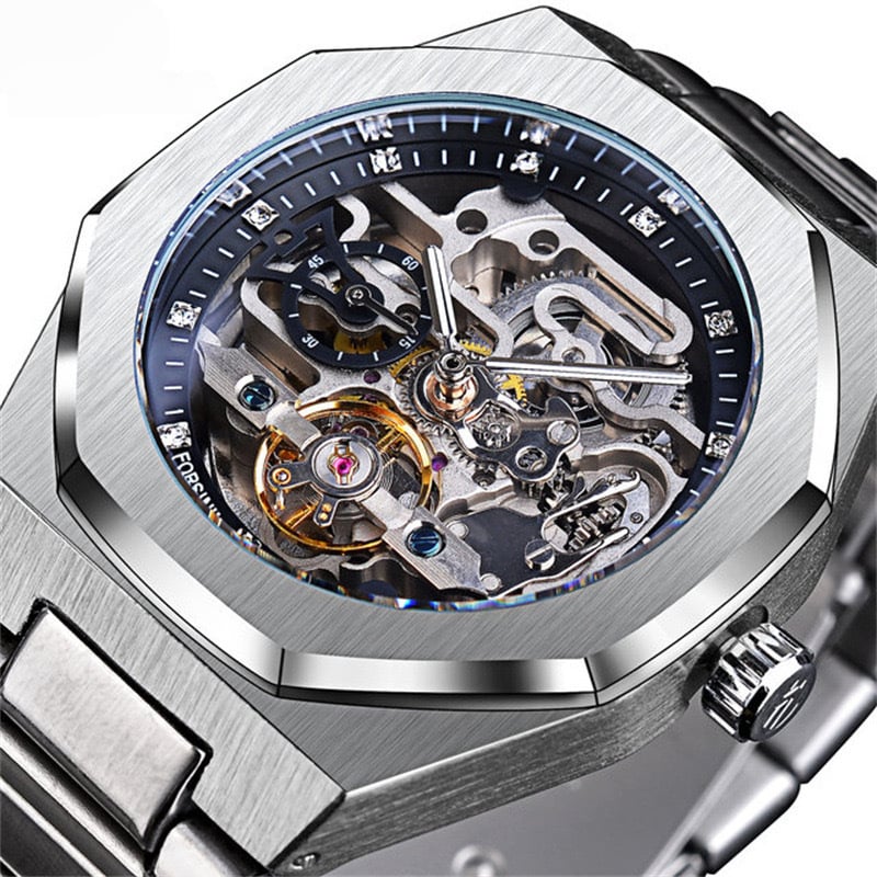 Men's Fully Automatic Mechanical Watch with Luminous Dial, Three Sub-dials, Six Hands, and Steel Bracelet