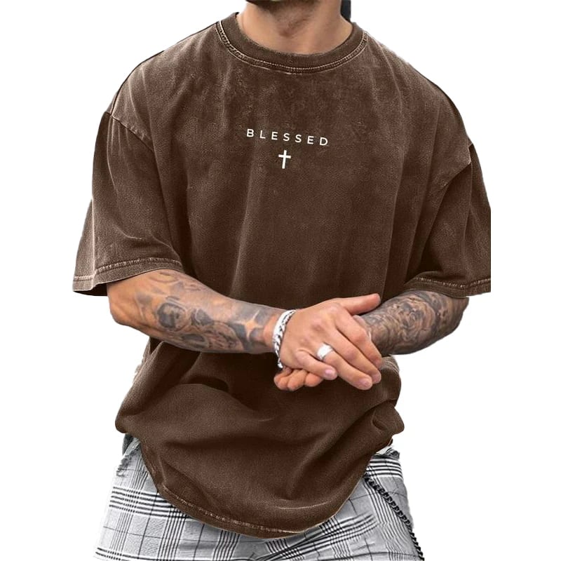 ✝️ Men's Vintage T-Shirt with Cross & Letter Print – Soft Cotton, Relaxed Fit & Perfect for a Classic Casual Look