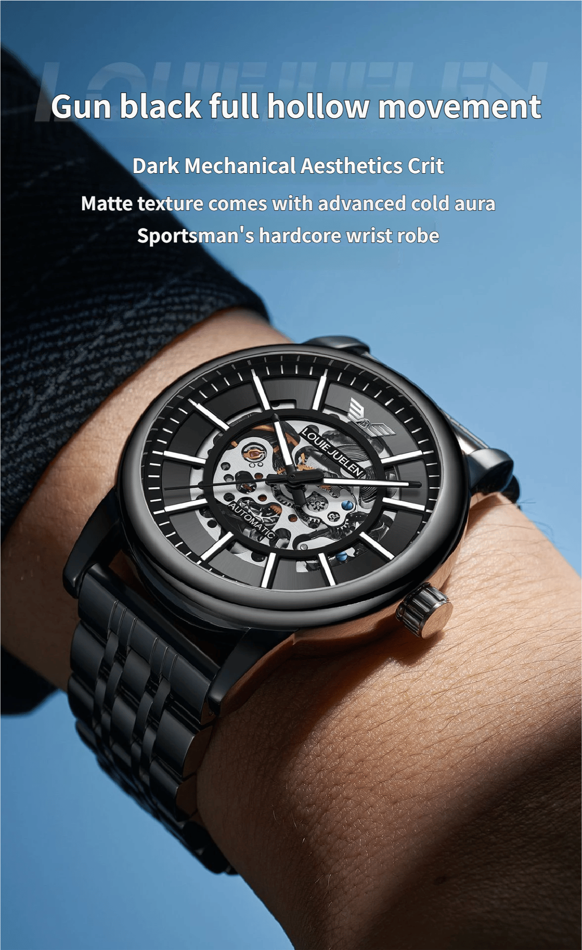 Men's Steel Strap Mechanical Watch with Skeletonised Movement and Luminescent Features