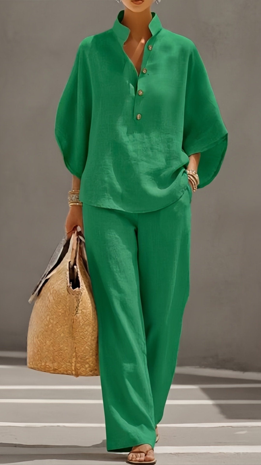 🌿 THE BUTTONED SET: HIGH-WAIST TROUSERS + SHORT SLEEVE TOP — YOUR EFFORTLESS HOLIDAY WARDROBE 🌿