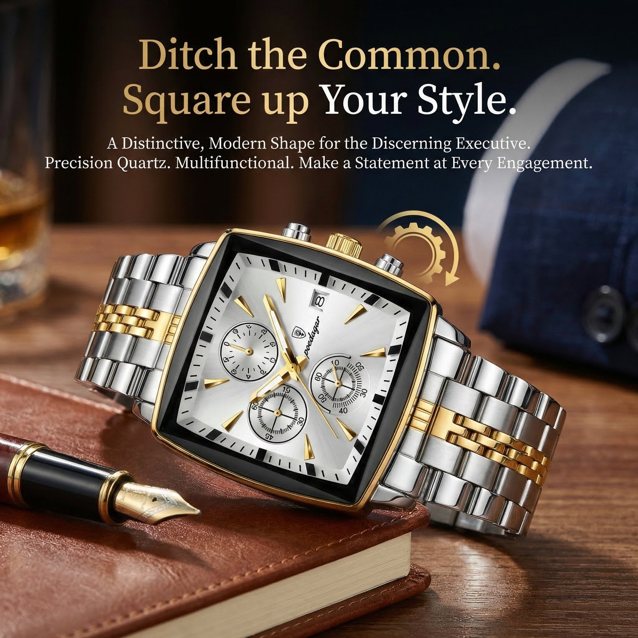 Men's Multifunctional Square Business Steel Band Quartz Watch