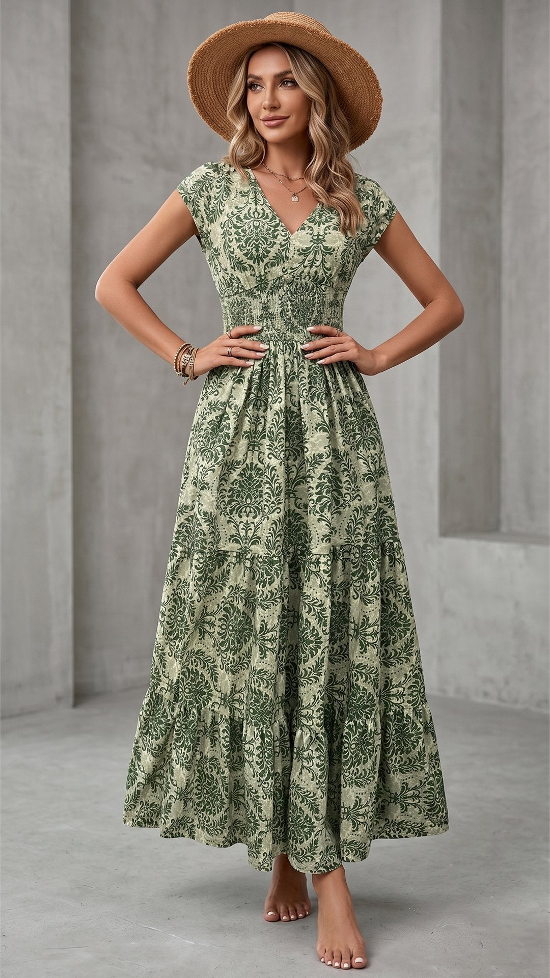 🌸 THE BOHEMIAN BLOOM MAXI: V-NECK, SHIRRED WAIST, ALL-OVER PRINT — YOUR SUMMER HOLIDAY DREAM DRESS 🌸
