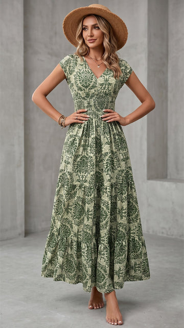 🌸 THE BOHEMIAN BLOOM MAXI: V-NECK, SHIRRED WAIST, ALL-OVER PRINT — YOUR SUMMER HOLIDAY DREAM DRESS 🌸