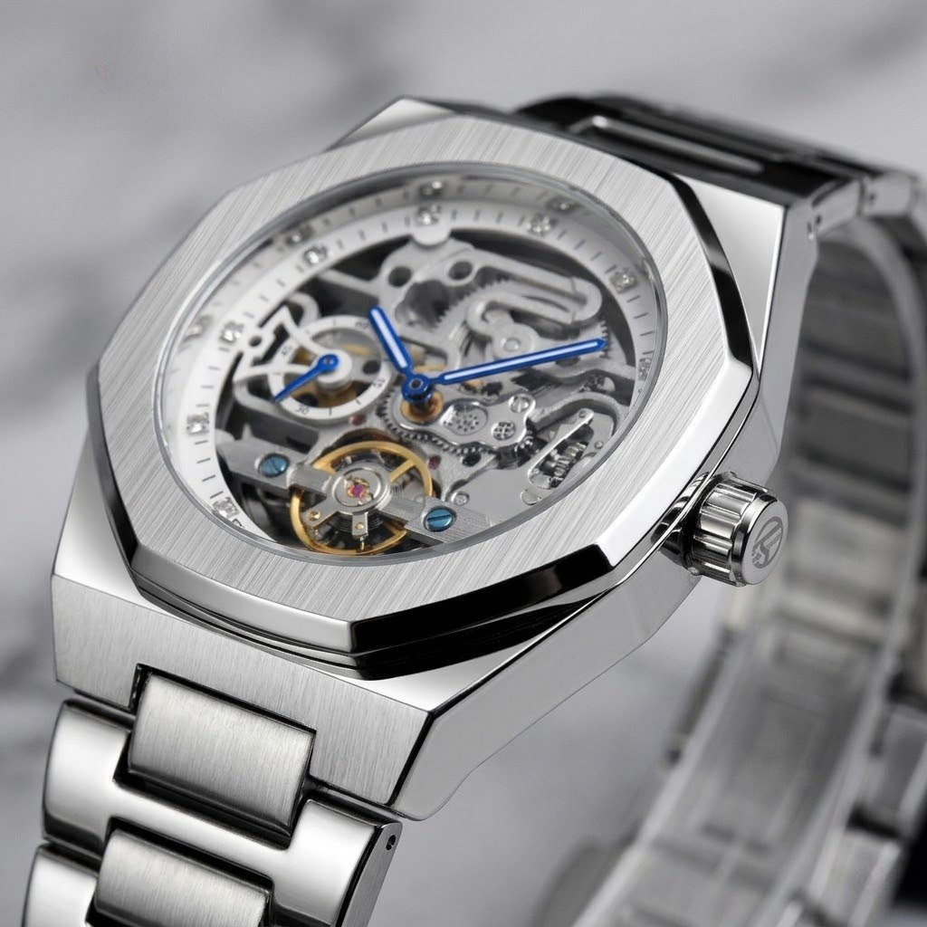 Men's Fully Automatic Mechanical Watch with Luminous Dial, Three Sub-dials, Six Hands, and Steel Bracelet