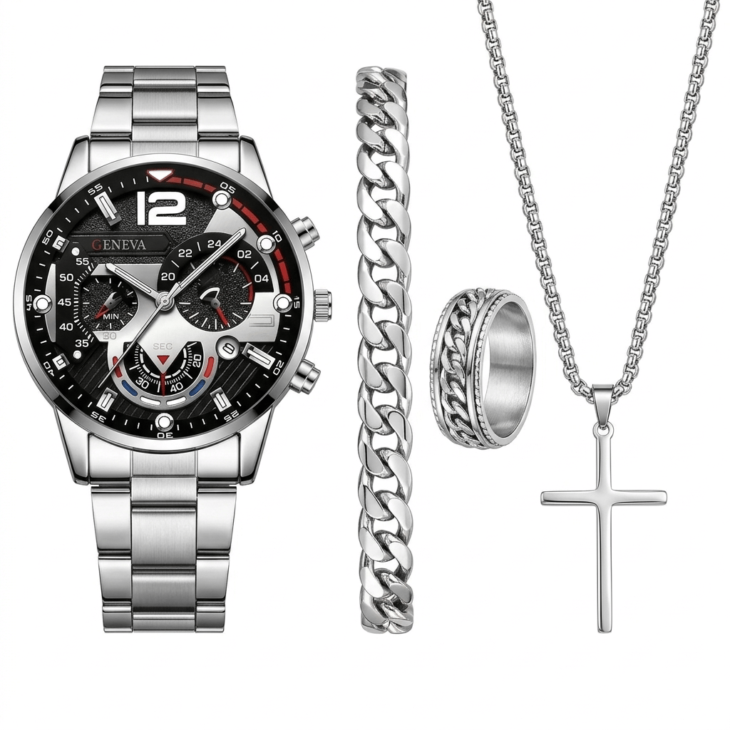 Luxury Men's Watch Gift Set with Glass Case and Quartz Movement