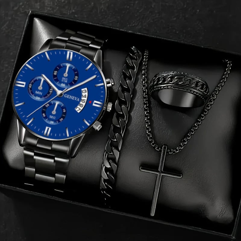 Luxury Men's Watch Gift Set with Glass Case and Quartz Movement