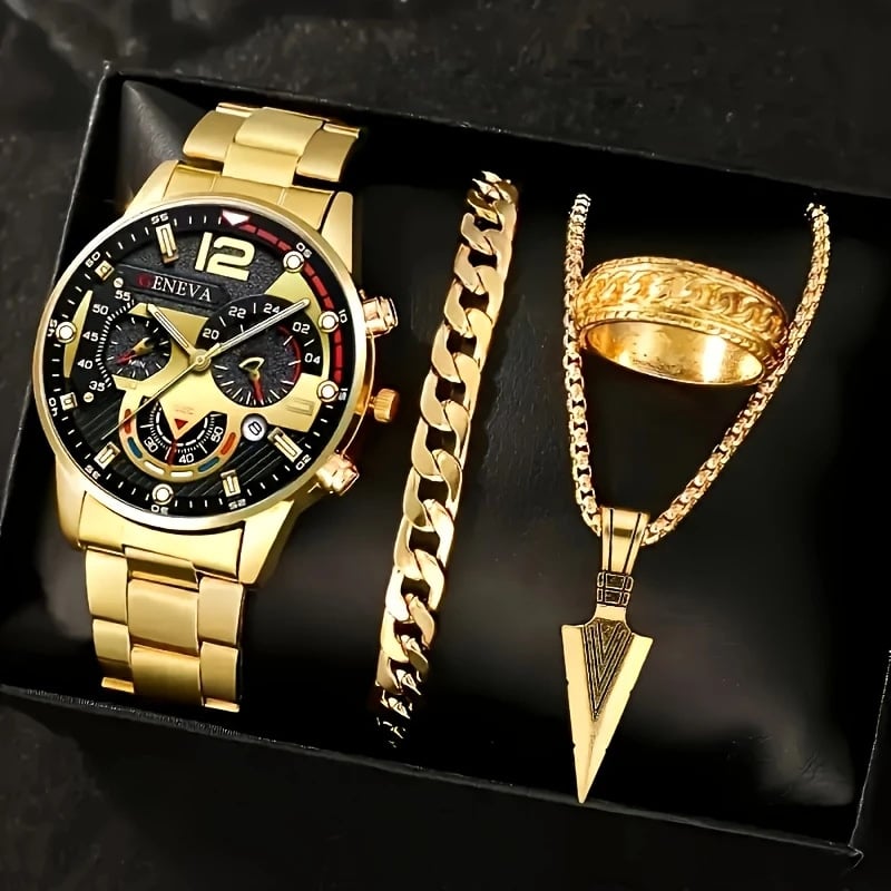 Luxury Men's Watch Gift Set with Glass Case and Quartz Movement