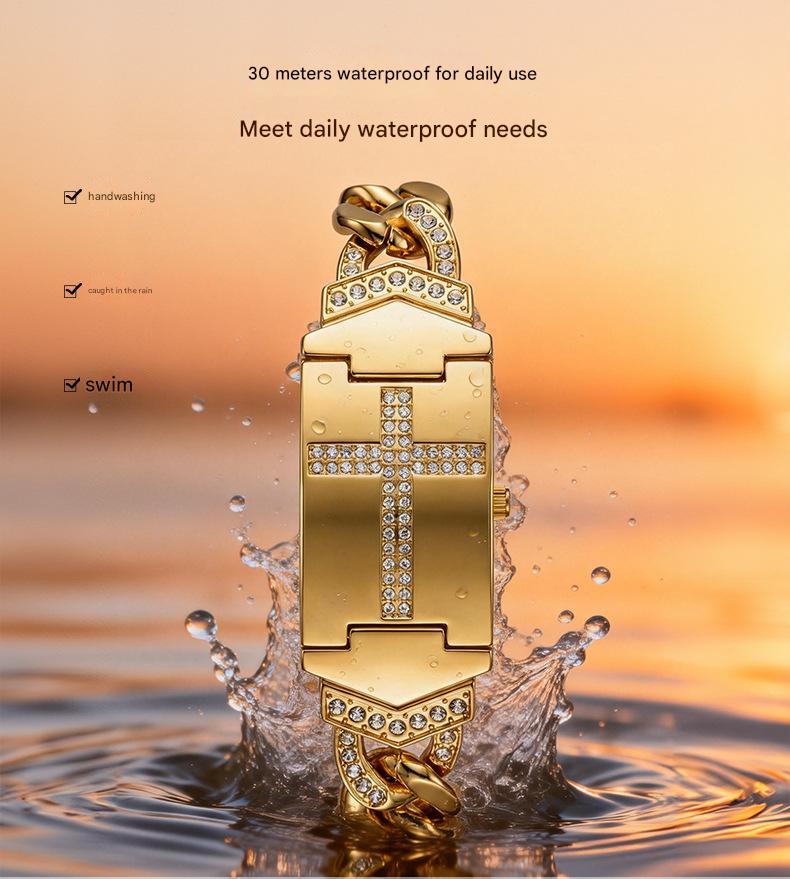Women's Diamond-Set Cross-Shaped Flap-Style Gold Water-Resistant Wristwatch