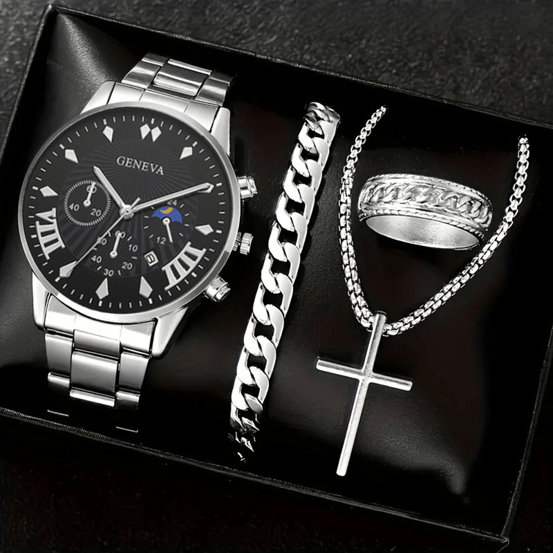 Luxury Men's Watch Gift Set with Glass Case and Quartz Movement