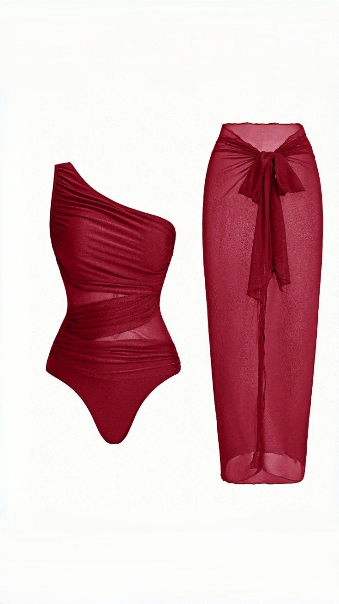 🔥 THE CUTOUT & SARONG SET: ONE-SHOULDER SWIMSUIT + SHEER MESH SKIRT — YOUR MOST DRAMATIC BEACH ENTRANCE 🔥
