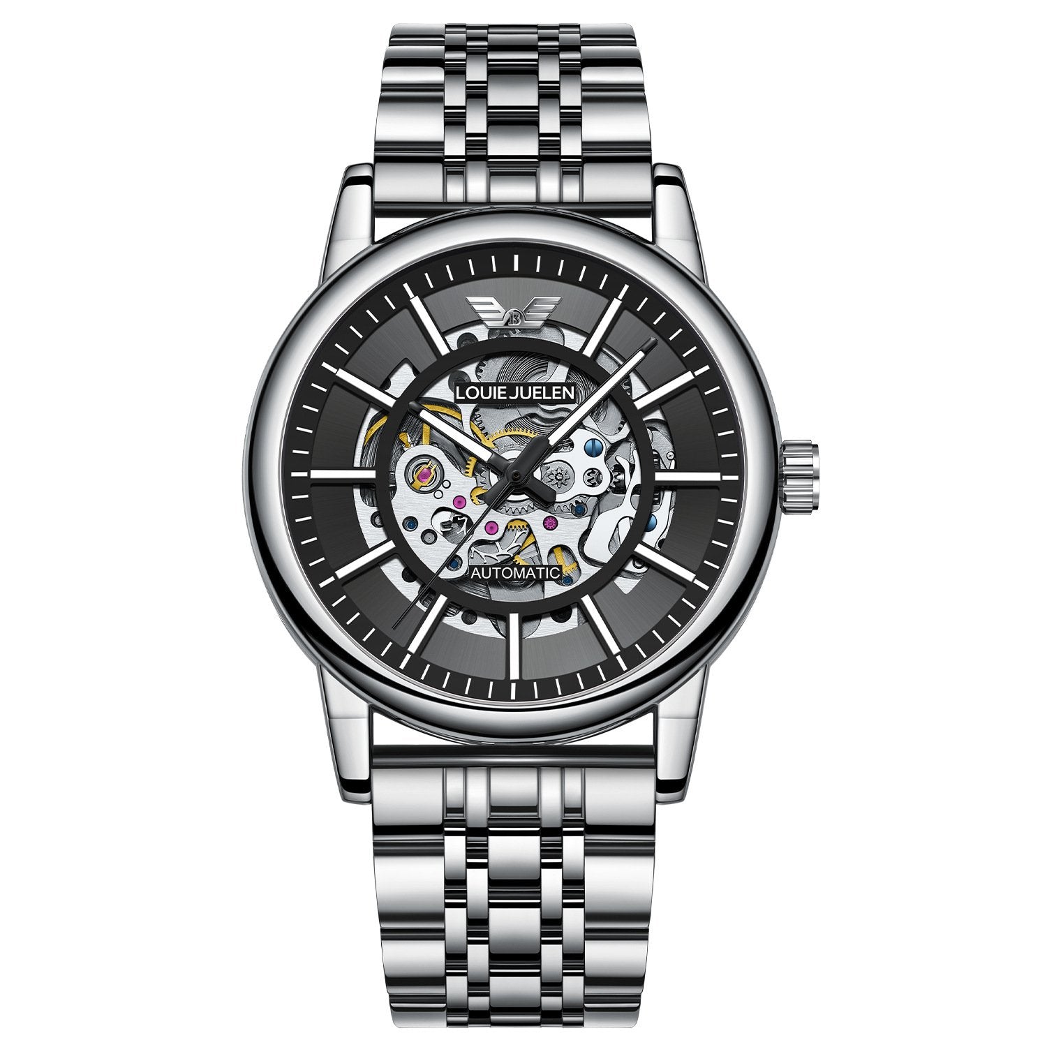 Men's Steel Strap Mechanical Watch with Skeletonised Movement and Luminescent Features