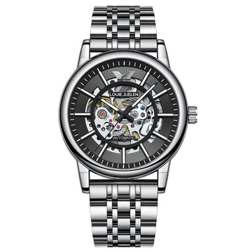 Men's Steel Strap Mechanical Watch with Skeletonised Movement and Luminescent Features