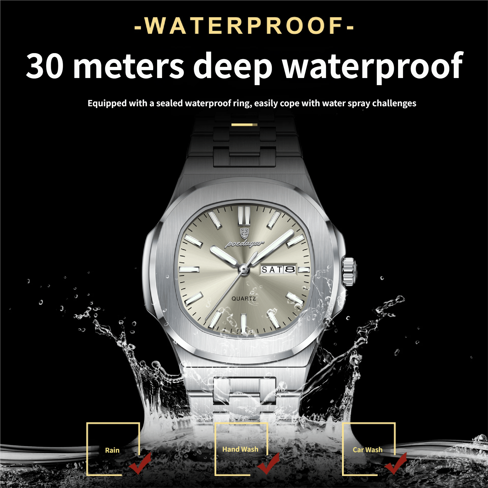 Square Quartz Watch with Water Resistance and Luminous Feature