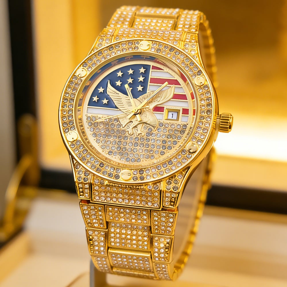 Men's Quartz Watch with Diamond-Set Stars and Stripes and Eagle Design