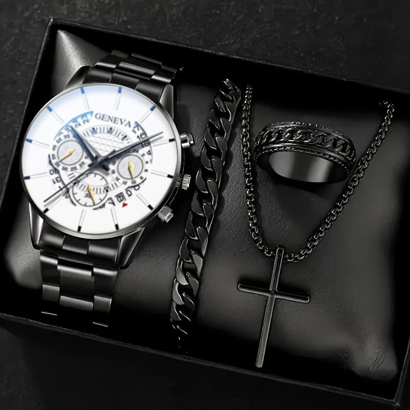 Luxury Men's Watch Gift Set with Glass Case and Quartz Movement