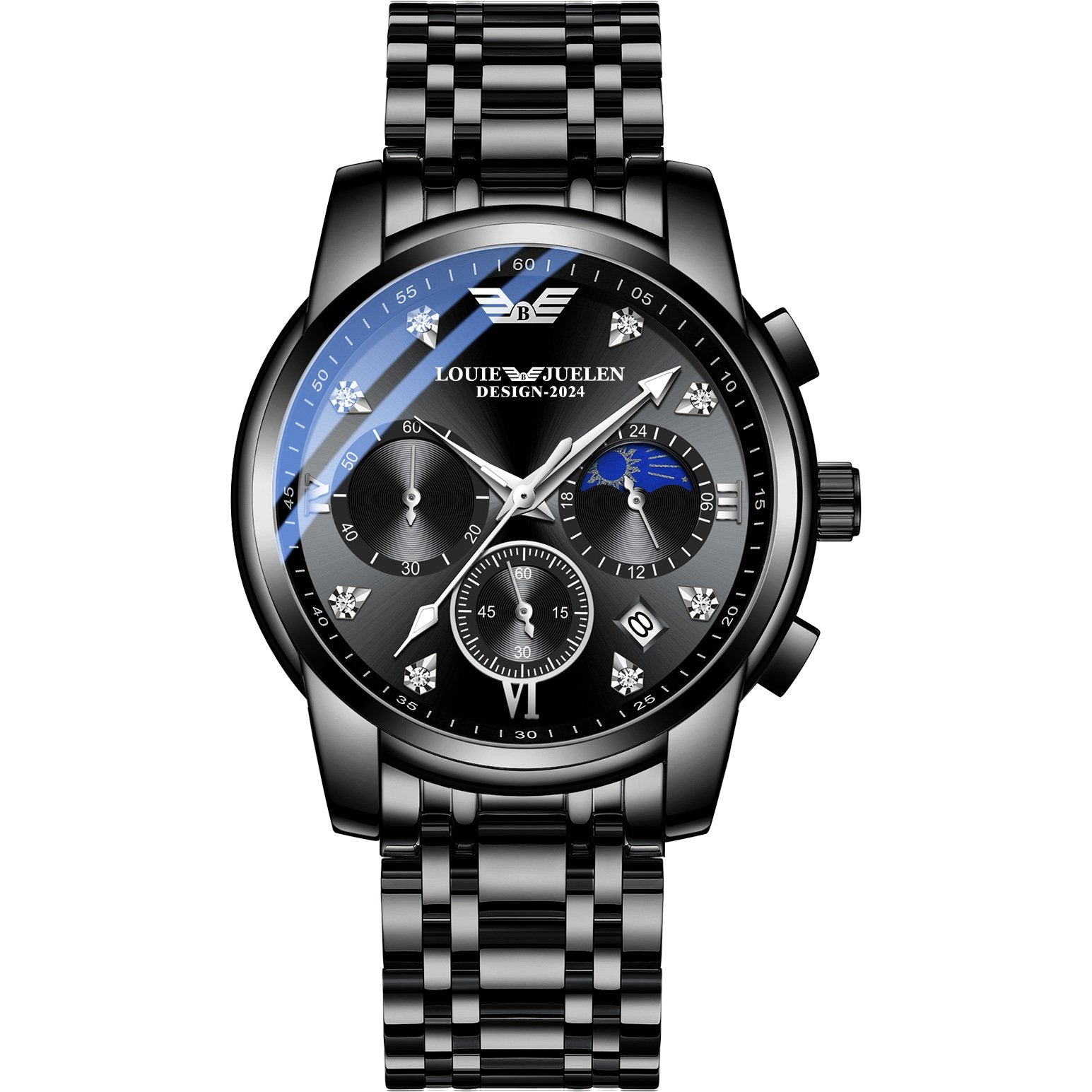 Men's luminous quartz watch with calendar, day, date, and moon phase display.