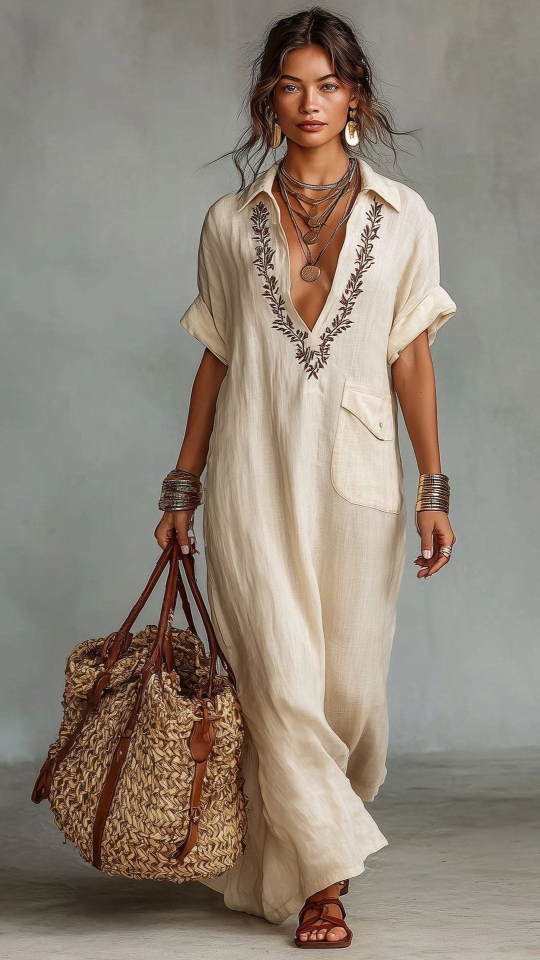 🌿 THE LINEN EMBROIDERY MAXI: V-NECK, POCKET, EFFORTLESS BOHO ELEGANCE 🌿