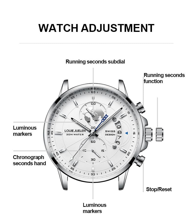Elegant men's watch with globe design, 30m water resistant and luminous dial