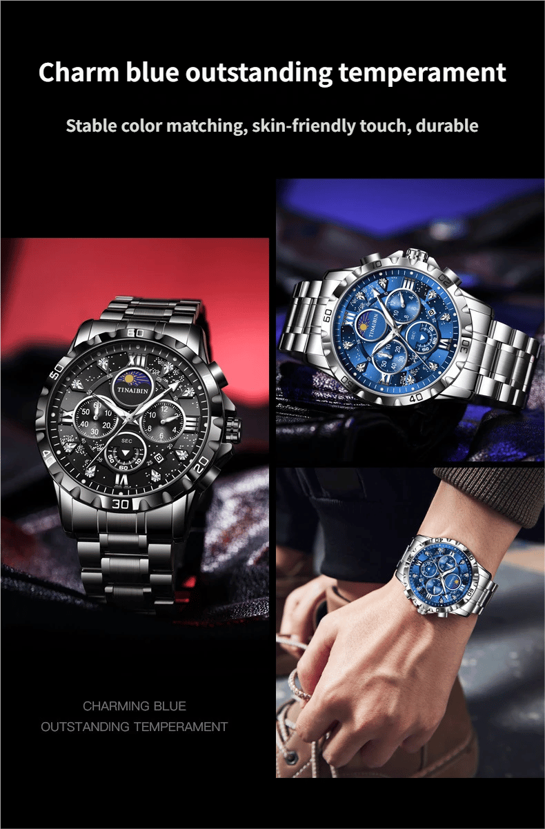 Luxury diamond-encrusted men's mechanical watch with Swiss-made movement, dual calendar, luminous and waterproof.