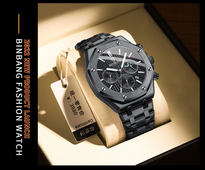 Three-Dial, Six-Hand Multifunction Moon Phase Men's Steel-Strap Watch