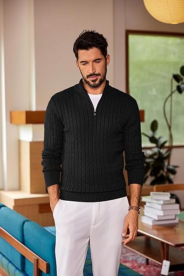 Men’s Quarter Zip Knitted Sweater 🧵 | Slim Fit Mock Neck Pullover for Fall & Winter 🍂❄️