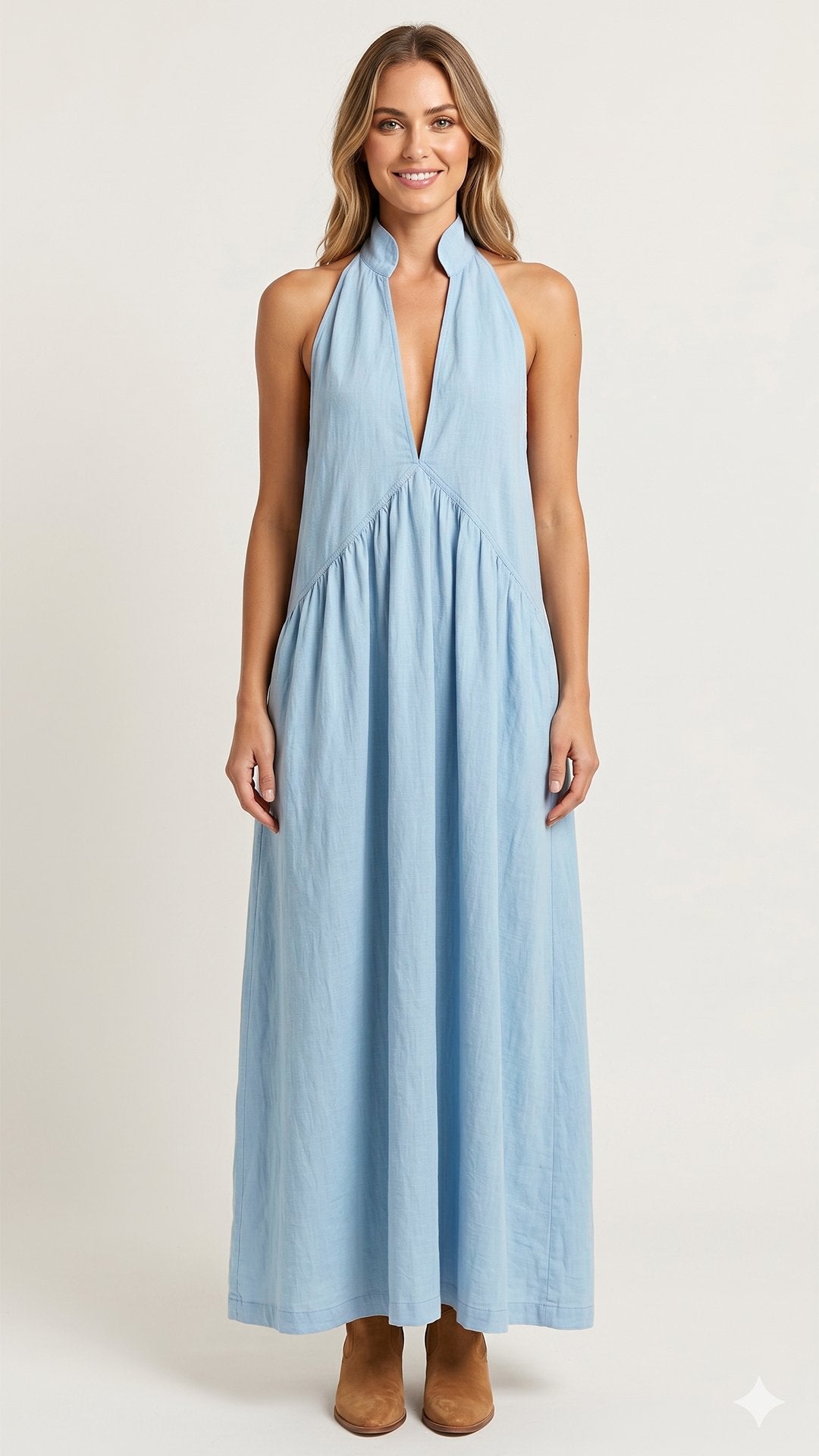 🕊️ THE HALTER SCULPT MAXI: HIGH NECK, DEEP V CUTOUT, HIDDEN POCKETS — YOUR MOST EFFORTLESS STATEMENT DRESS 🕊️