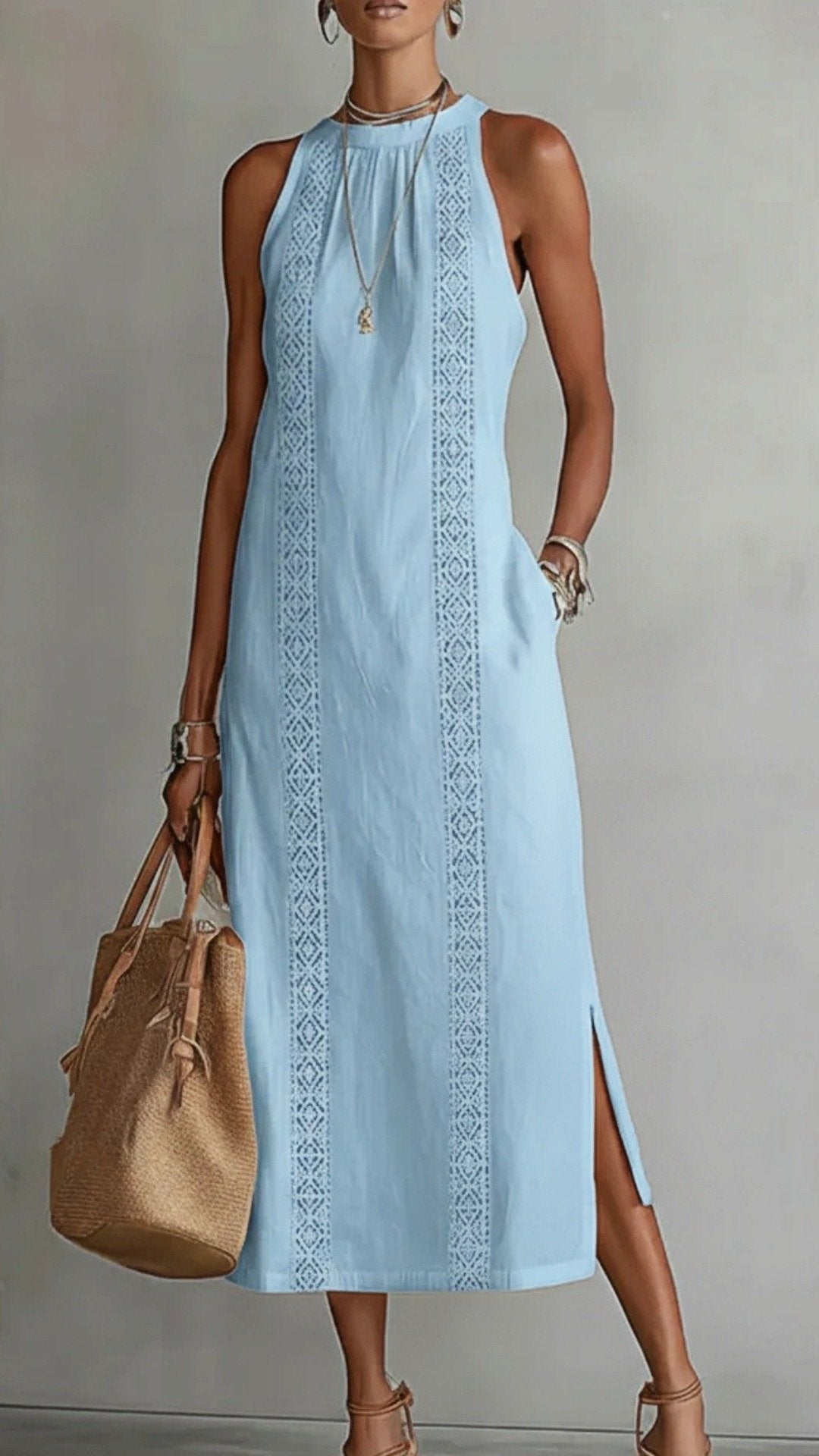 🌿 THE EMBROIDERED SLIT MAXI: HIGH NECK, LACE INSERTS, SIDE POCKETS — YOUR NEW SUMMER SIGNATURE 🌿