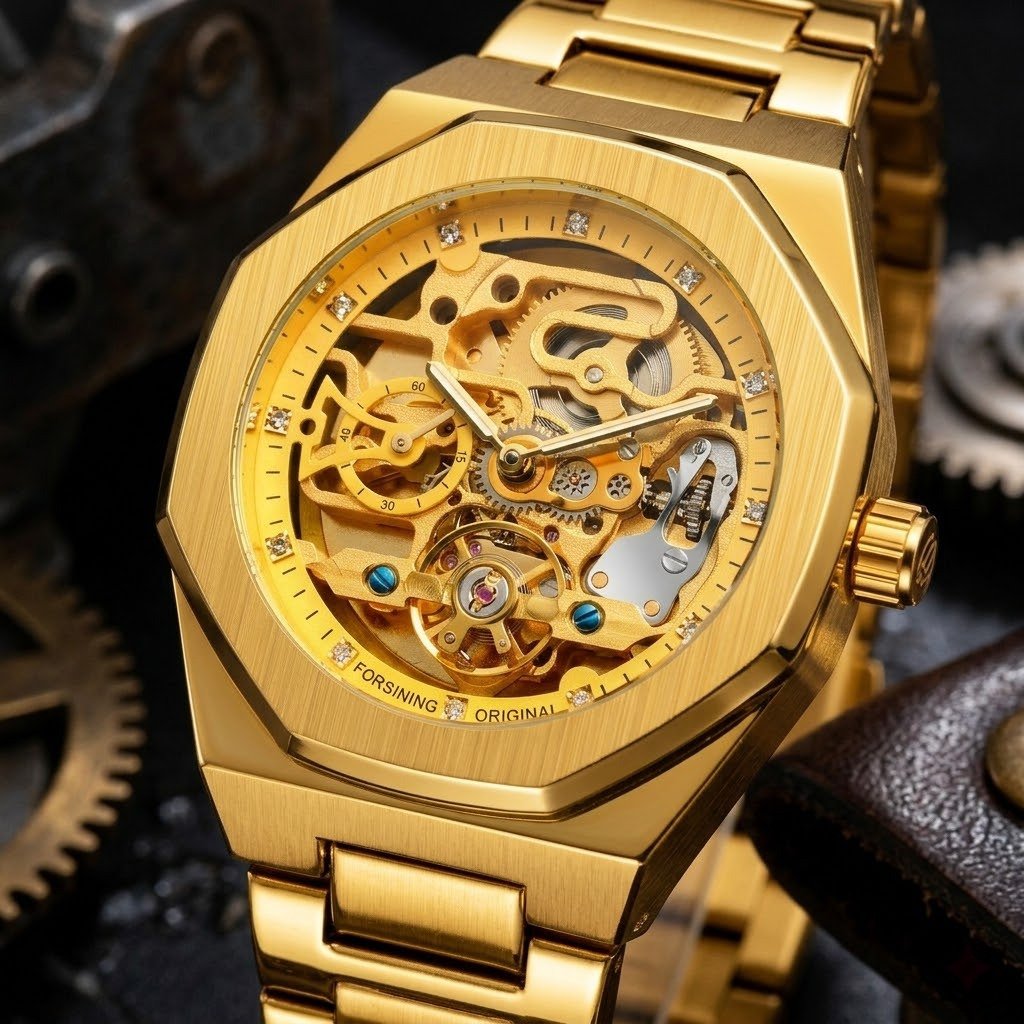 Men's Fully Automatic Mechanical Watch with Luminous Dial, Three Sub-dials, Six Hands, and Steel Bracelet